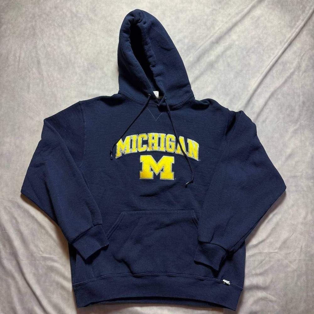 Russell Athletic Michigan Wolverines Hoodie Navy Blue Embroidered Mens Large